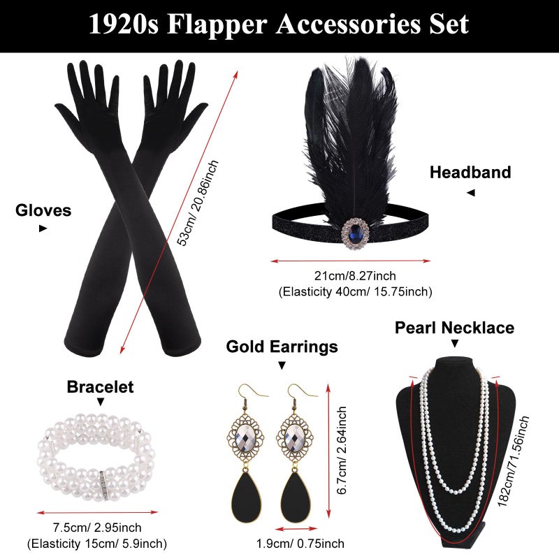 FEPITO 9-Piece 1920s Flapper Great Gatsby Accessories Set - Fashion Roaring 20's Theme with Headband, Headpiece, Long Black Gloves, Necklace, Earrings for Women - Image 2